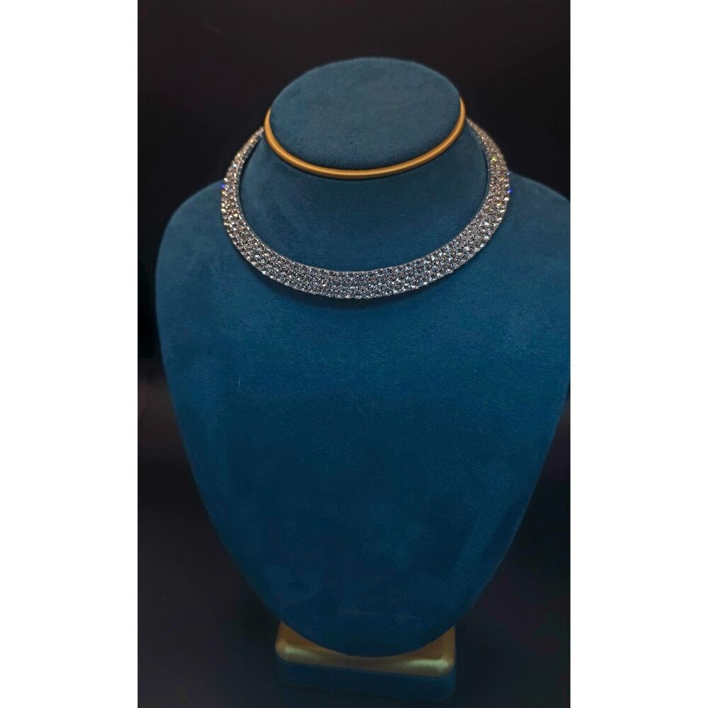 Elegant 3-Row Rhinestone Collar Choker – Silver Tone